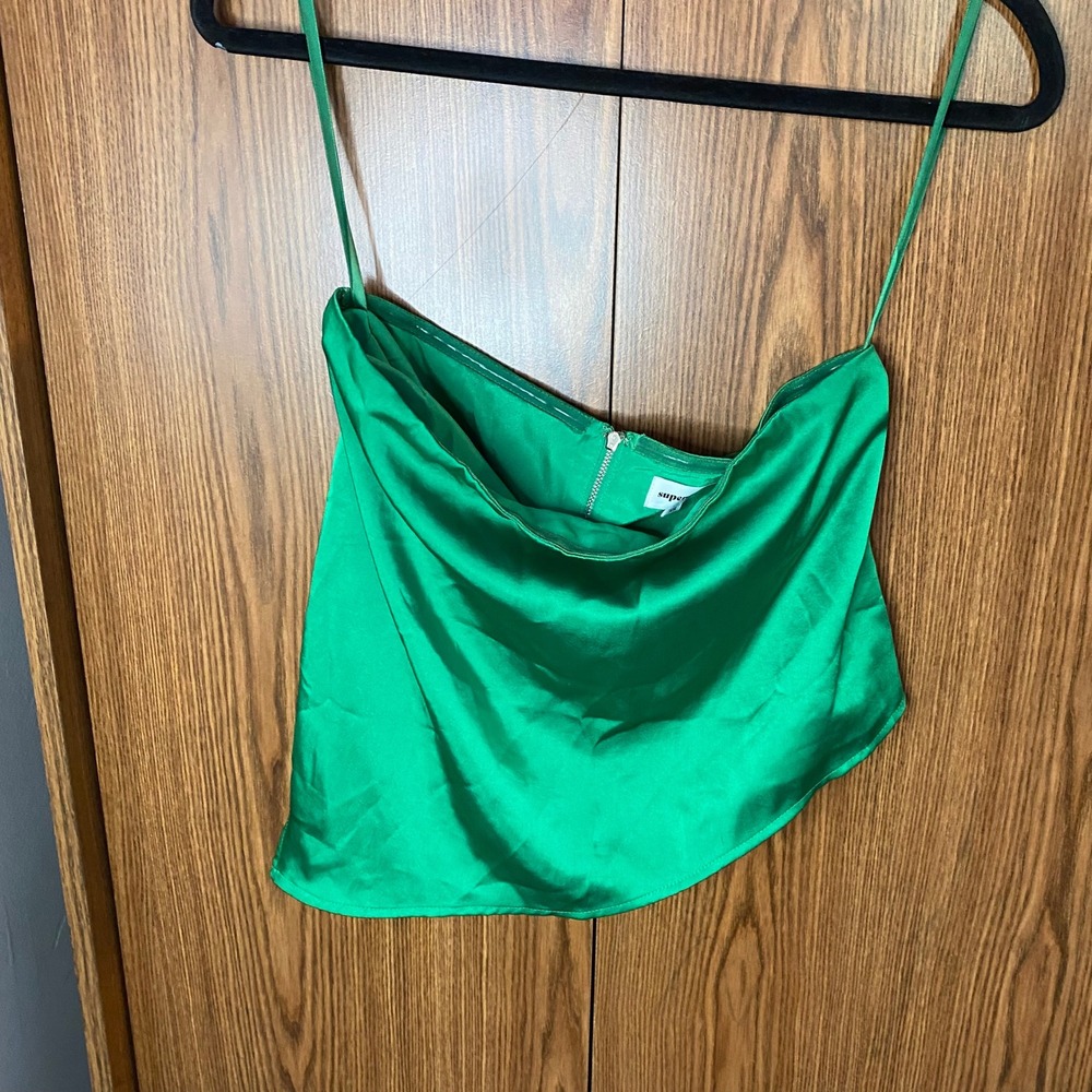 Superdown strapless Womens XS Green Satin Asymmetrical Handkerchief‎ Top